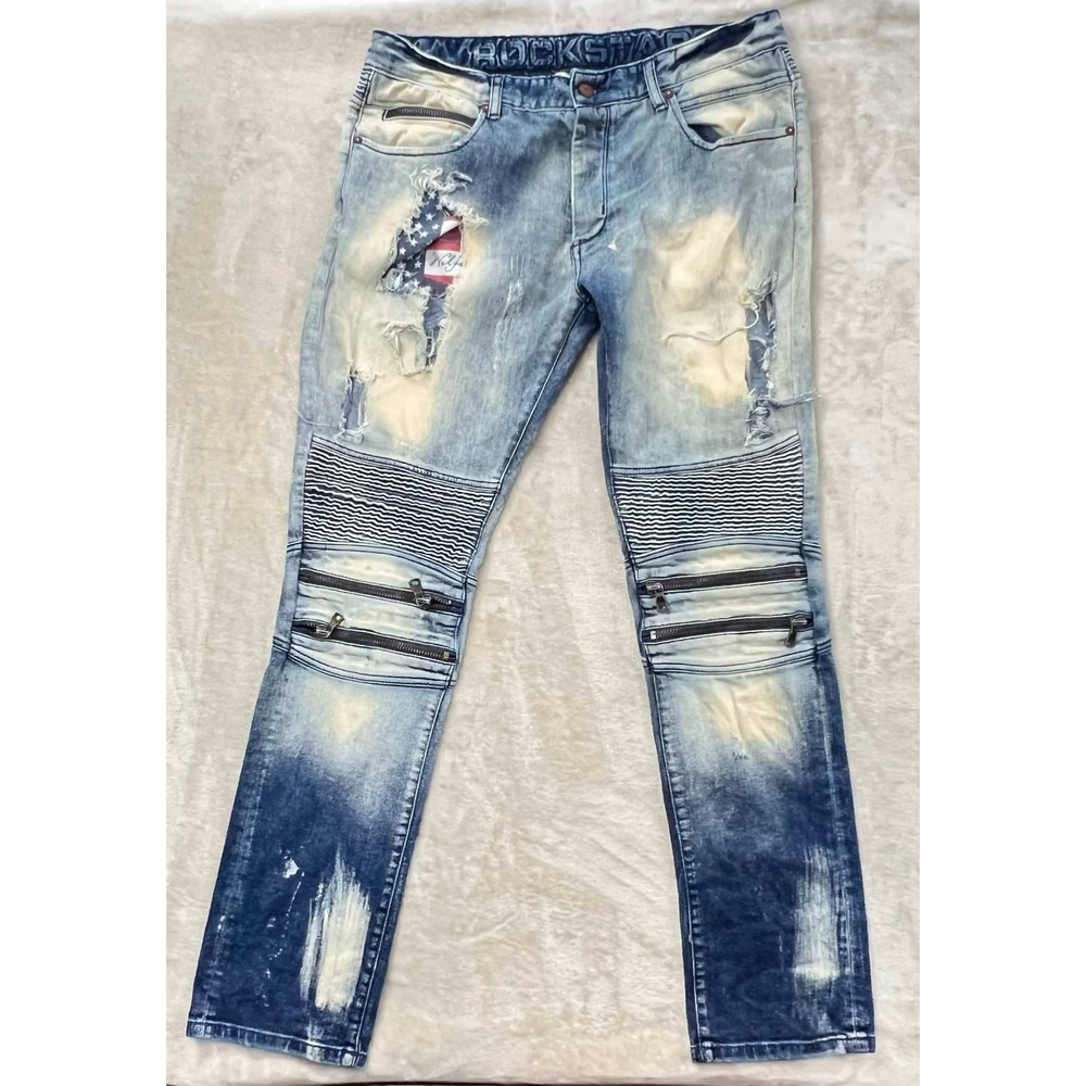 GUC Rockstar Original Mens Blue Acid Wash Distressed Moto Biker Jeans Size 34